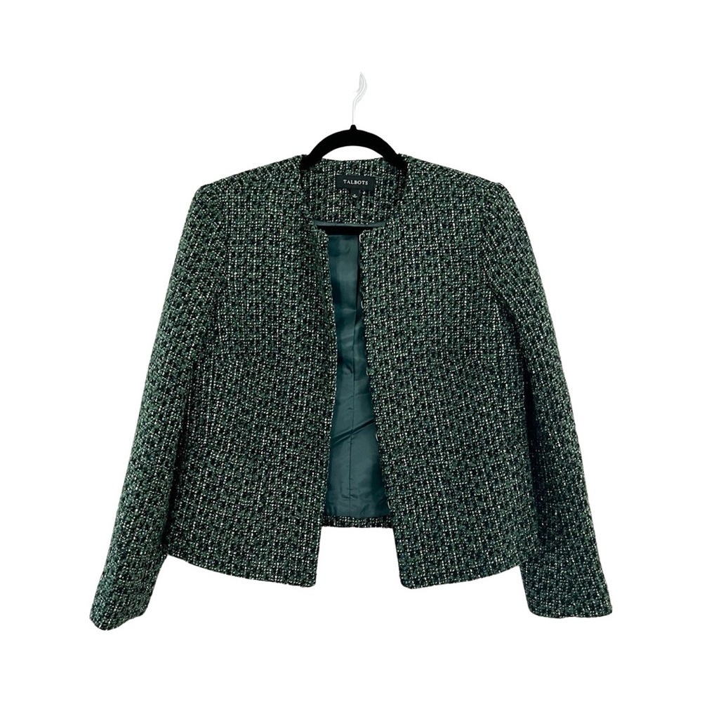 TALBOTS Collarless Long Sleeve Tweed Blazer Jacket Green Sz 6 - Picture 2 of 8